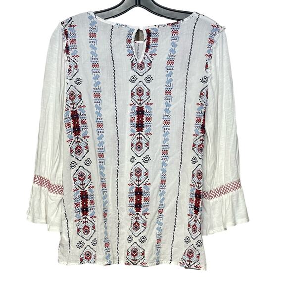 Hannah 3/4 sleeve lightweight top boho white blue red lightweight size medium - Picture 2 of 5